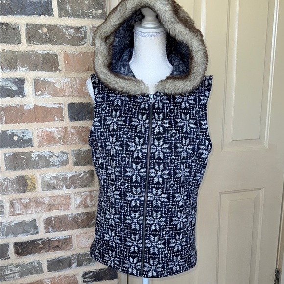Talbots Navy Blue Nordic Fair Isle Snowflake Sweater Vest Fur Trim Hood Zip Up - Picture 2 of 13